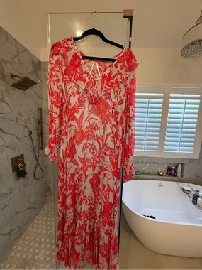 Anthropologie White Maxi Dress with Coral Floral Print